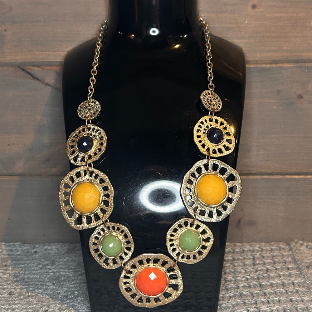 Vintage Hammered Metal Colorful Medallion/Bib Style Statement Necklace GoldTone